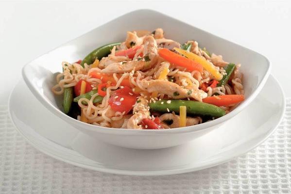 wok dish with sweet-sour chicken and vegetables