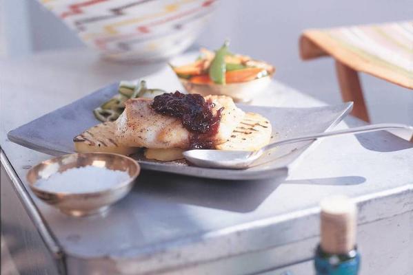 fried cod with shallots-cranberry compote