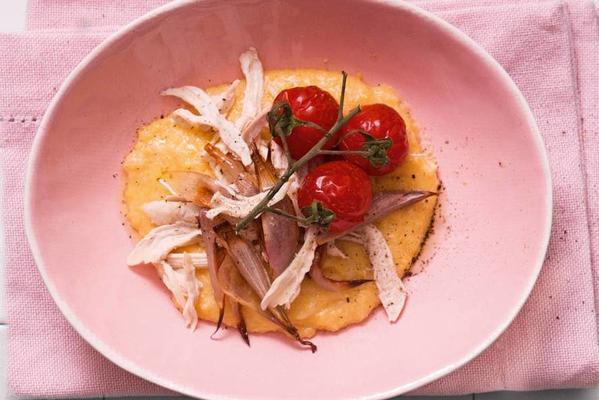 parmesan polenta with pulled chicken and oven tomatoes