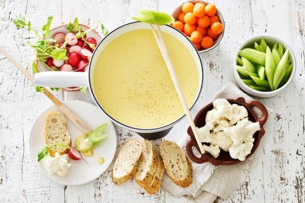 farmhouse cheese fondue with spring vegetables