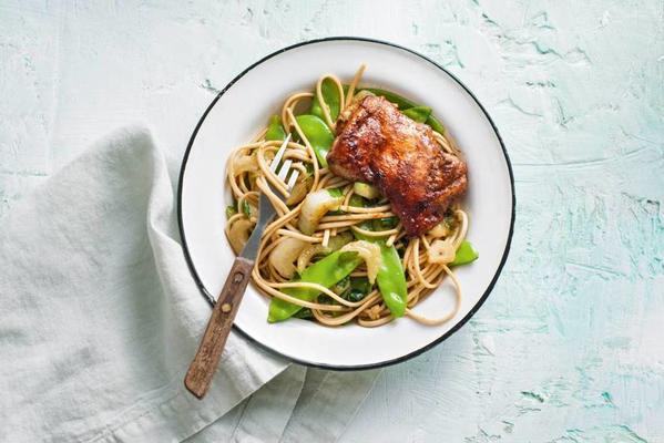 sticky chicken fillet with noodles and bok choy