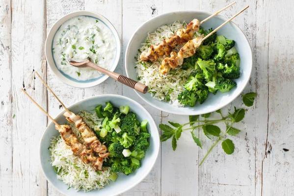 indian chicken skewers with broccoli and rice