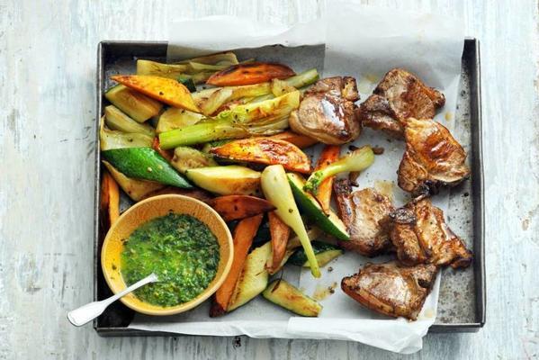lamb chops with roasted vegetables and salsa verde