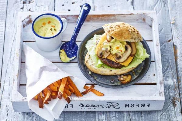 cheeseburger with mushrooms and piccalillymayo