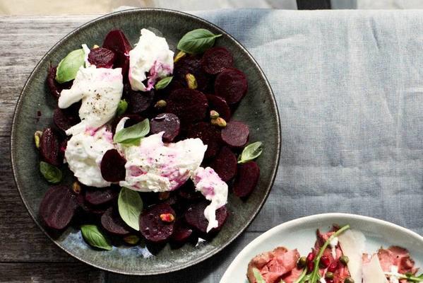 baby beetroot with burrata and pistachio nuts