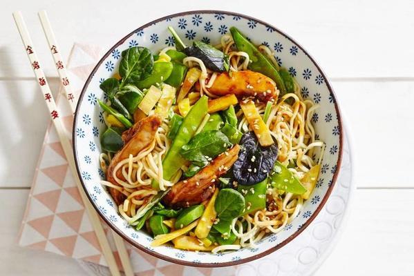 fast noodles with chicken and asian wok vegetables