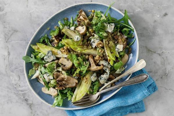 autumn salad with chicory, spicy cheese and mushrooms