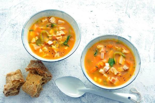 meal vegetable soup with smoked chicken fillet