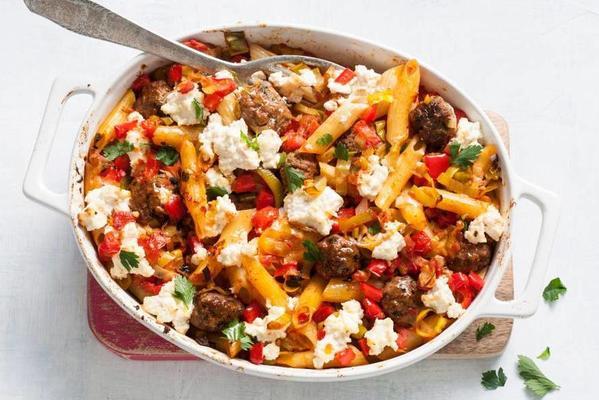 pasta oven dish with beef balls and creamy ricotta