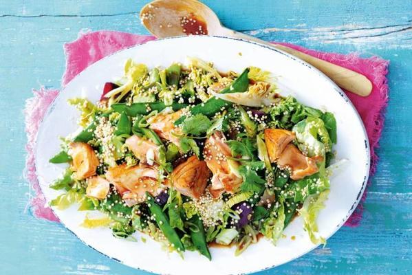quick quinoa salad with salmon in soy sauce
