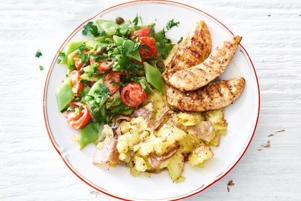 tender chicken fillet with sliced ​​beans salad and oven potatoes