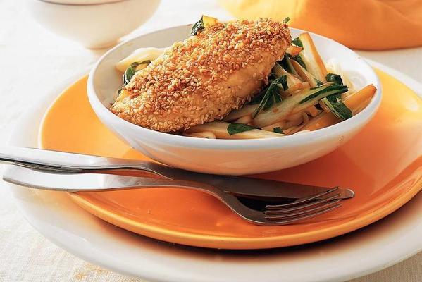 chicken fillet in sesame crust with bok choy