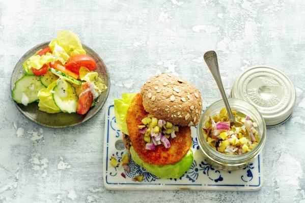 Dutch cod burger with pickles salsa and salad