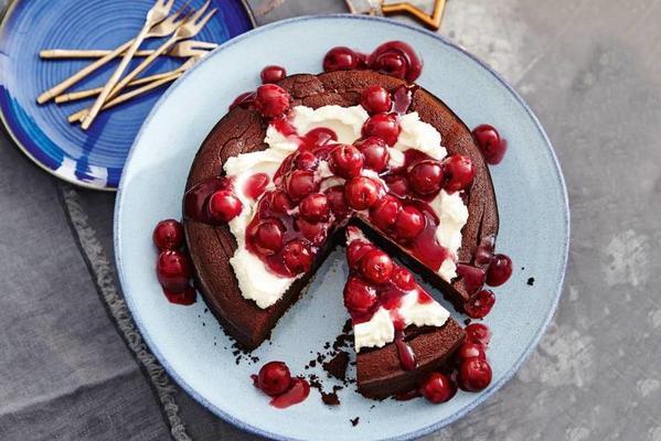 brownie cake with hot cherries and mascarpone