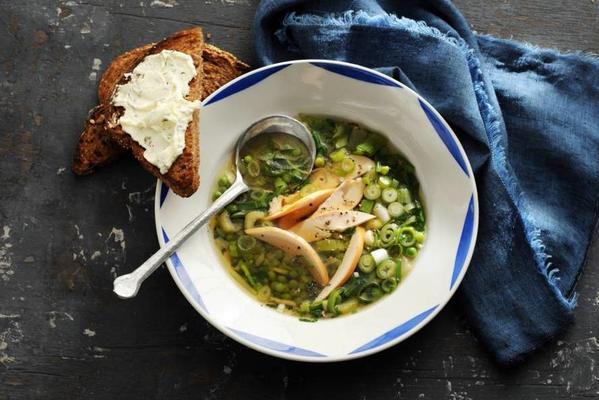 quick garden pea soup with smoked chicken and fine garden herbs
