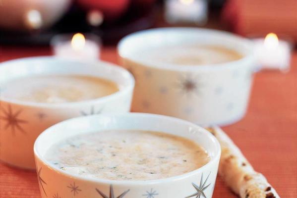 frothy olive soup with home-baked breadsticks