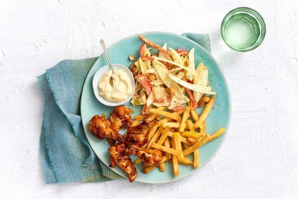 bbq chicken cloves with fries and chicory salad