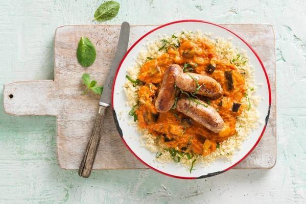 couscous with catalan bratwursts and baked eggplant
