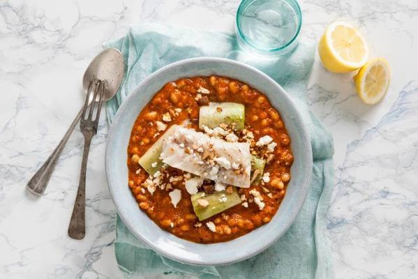 fish stew with leeks and beans in grilled vegetable sauce