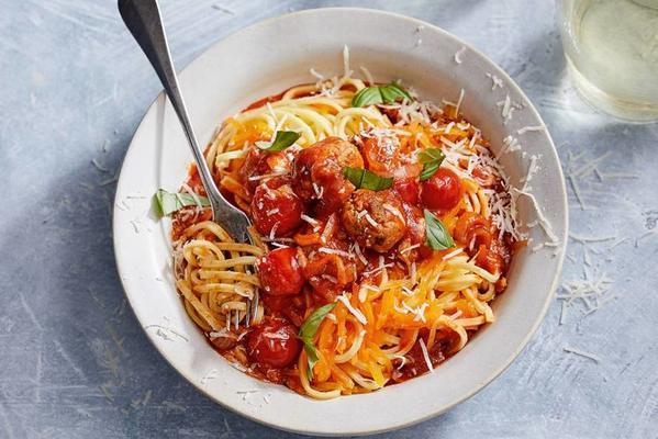 pumpkin spaghetti with chicken meatballs and parmesan cheese