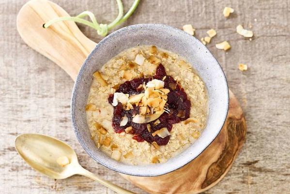 coconut oatmeal with cranberry compote