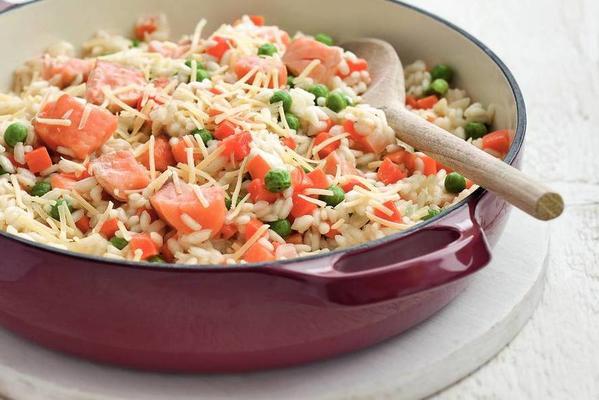 salmon risotto with garden peas and carrot