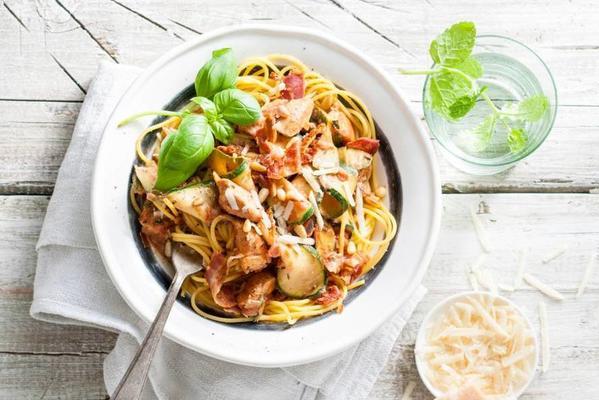 gluten-free spaghetti with zucchini, chicken and pancetta of elize fish