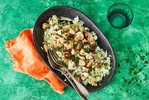 chicken ragout with chestnut mushrooms and broccoli rice