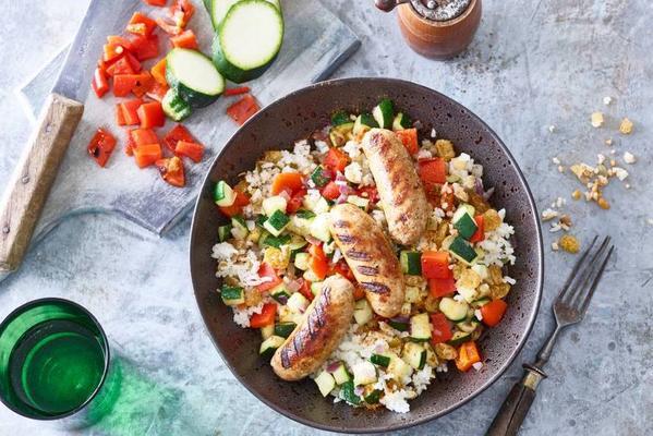 Spanish nut rice with grilled sausages