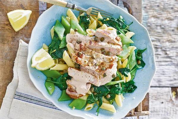 pork fillets with penne and spinach