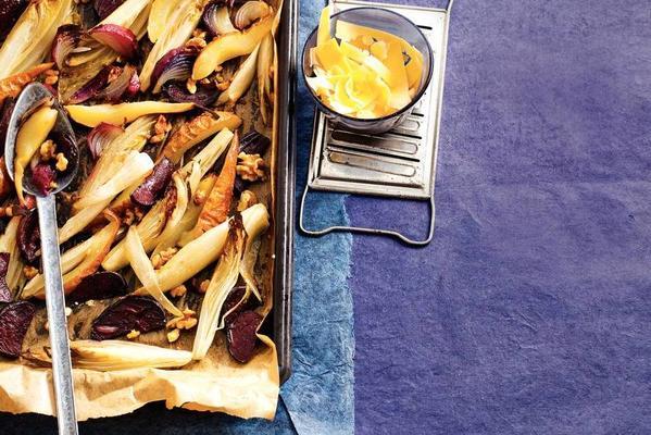 roasted chicory with beet and pear