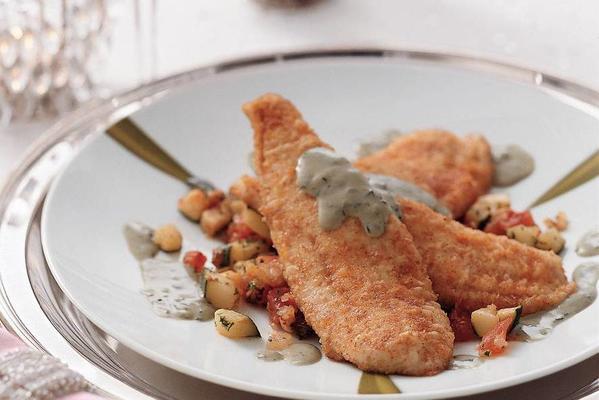 fried plaice fillet with courgetteratatouille and basil cream