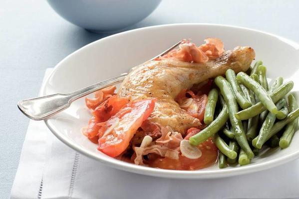 chicken with tomatoes and ham from the oven