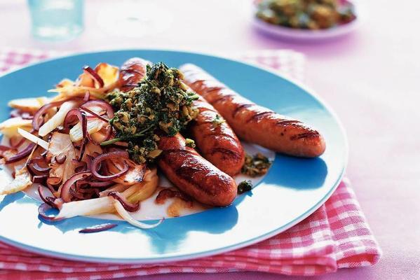 roasted turkey sausages and fennel with herb tapenade