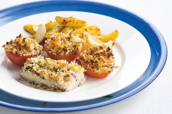 fish and tomatoes with herb crust