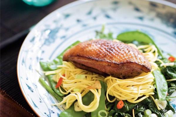 lacquered duck breast with Chinese noodles