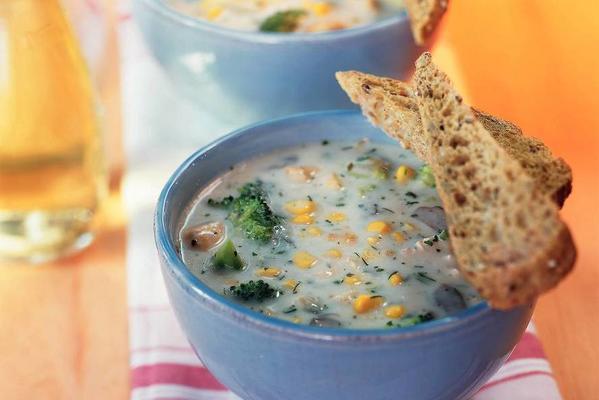 mushroom soup with broccoli, corn and chicken