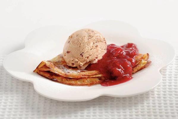 pancakes filled with pampering fruit and cinnamon ice cream