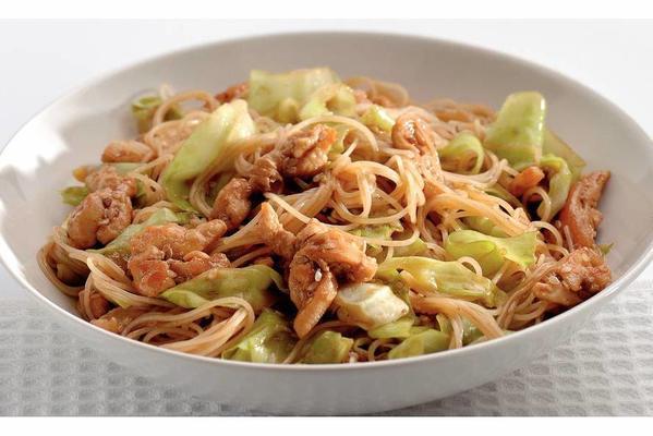 stir-fried chicken sweet soy sauce, cabbage and noodles