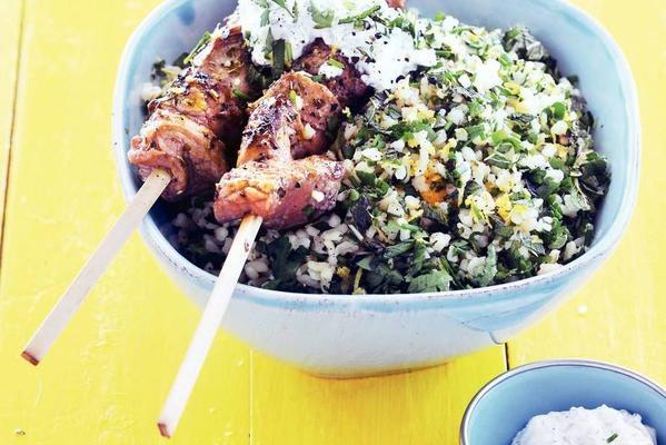 lamb skewer with mint and taboule