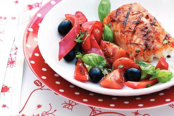 lukewarm tomato salad with grilled cod