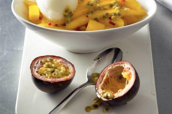 mango with red pepper, passion fruit and lemon ice