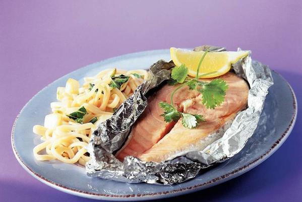 salmon packages with noodles