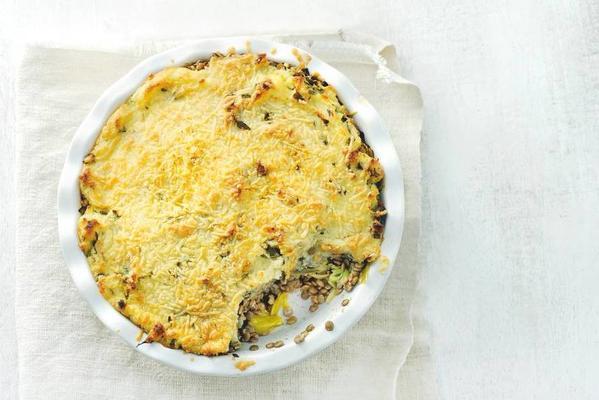 lentil pie with leek, puree and goat cheese