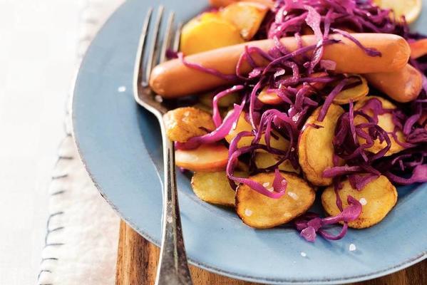 veg sausages with red cabbage and apple
