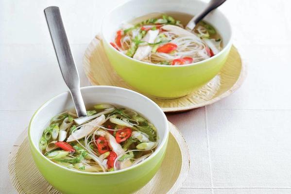noodle soup with chicken breast and bok choy