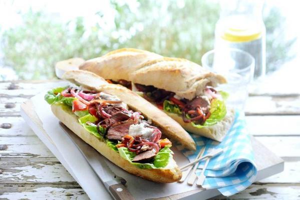 steak stick bread with red onion and horseradish