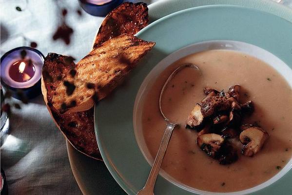 white bean soup with chestnut mushrooms and rosemary bruschetta