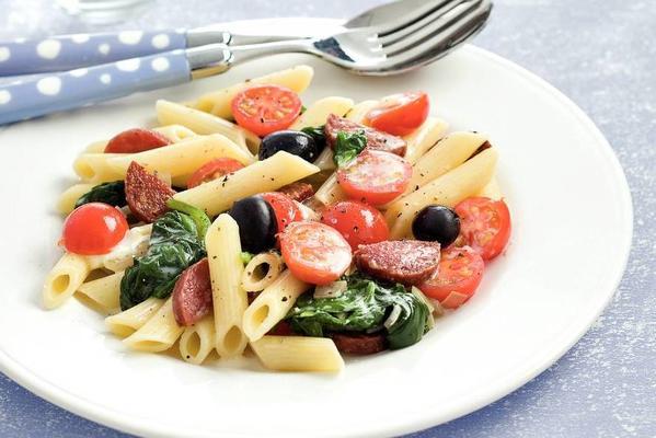 penne with salami, cherry tomatoes and spinach