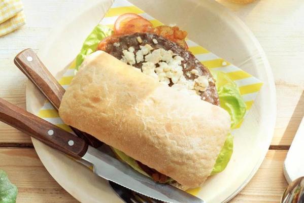 grill burger with white cheese cubes